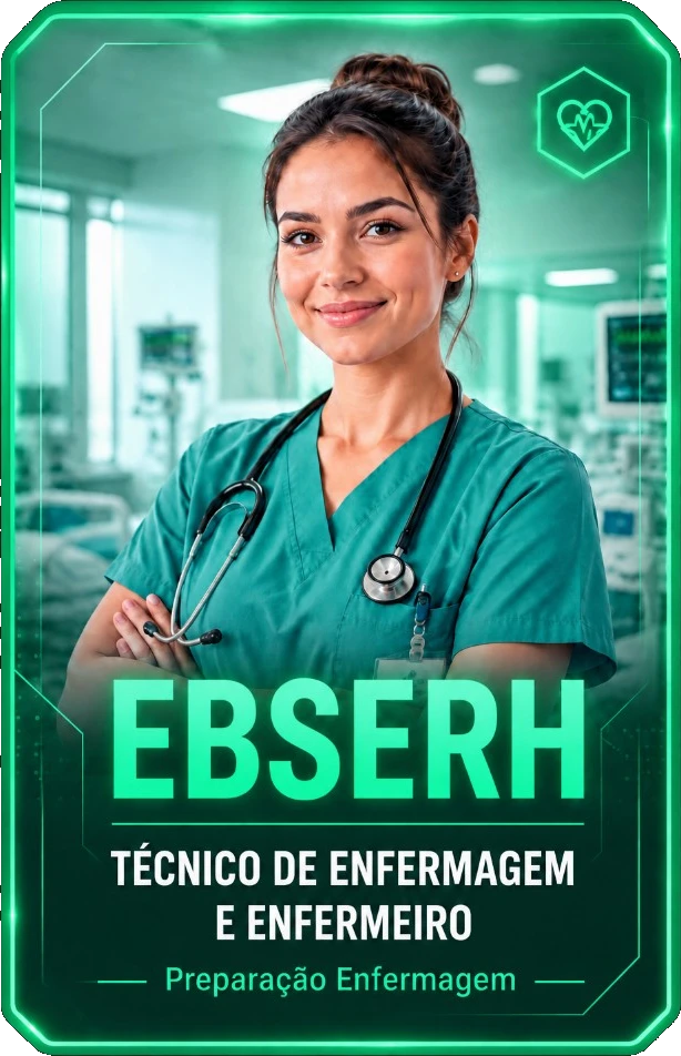 Cartaz da preparação de enfermagem para Técnico de Enfermagem e Enfermeiro, com profissional em ambiente hospitalar.